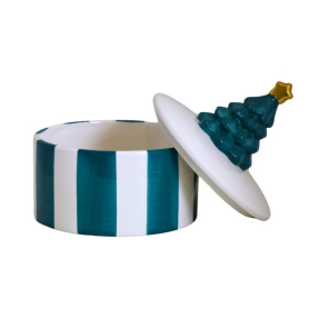 Pojemnik ceramiczny z choinką na          ciasteczka w paski biało-zielone 84503