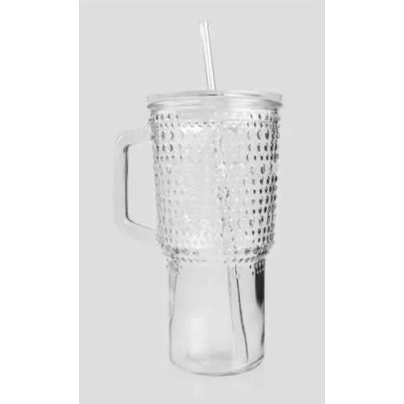 Szklanka w kropki ze szklaną słomką H04389