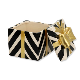 Puzderko ceramiczne prezent ze złotą kokardą w biało-czarne paski 87924